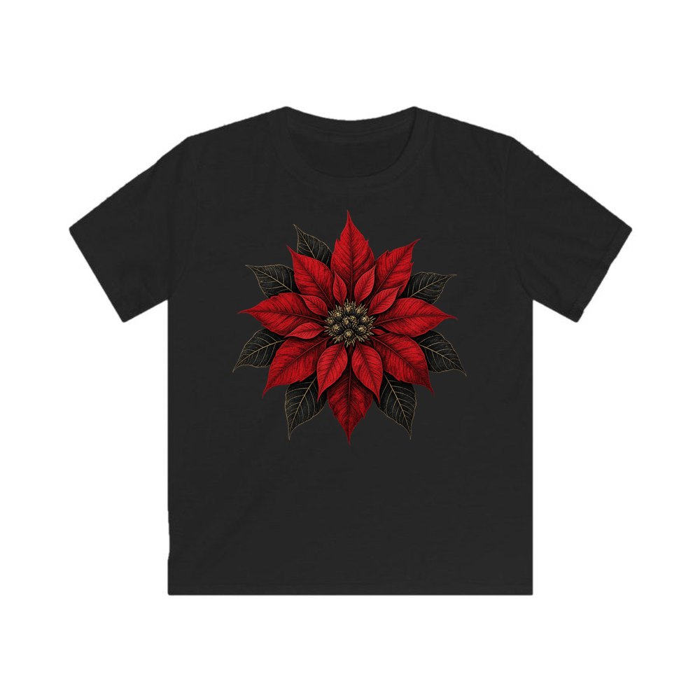 Deep Red Poinsettia personalised kids Christmas tee in black