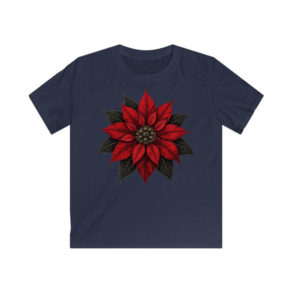 Deep Red Poinsettia personalised kids Christmas tee in navy
