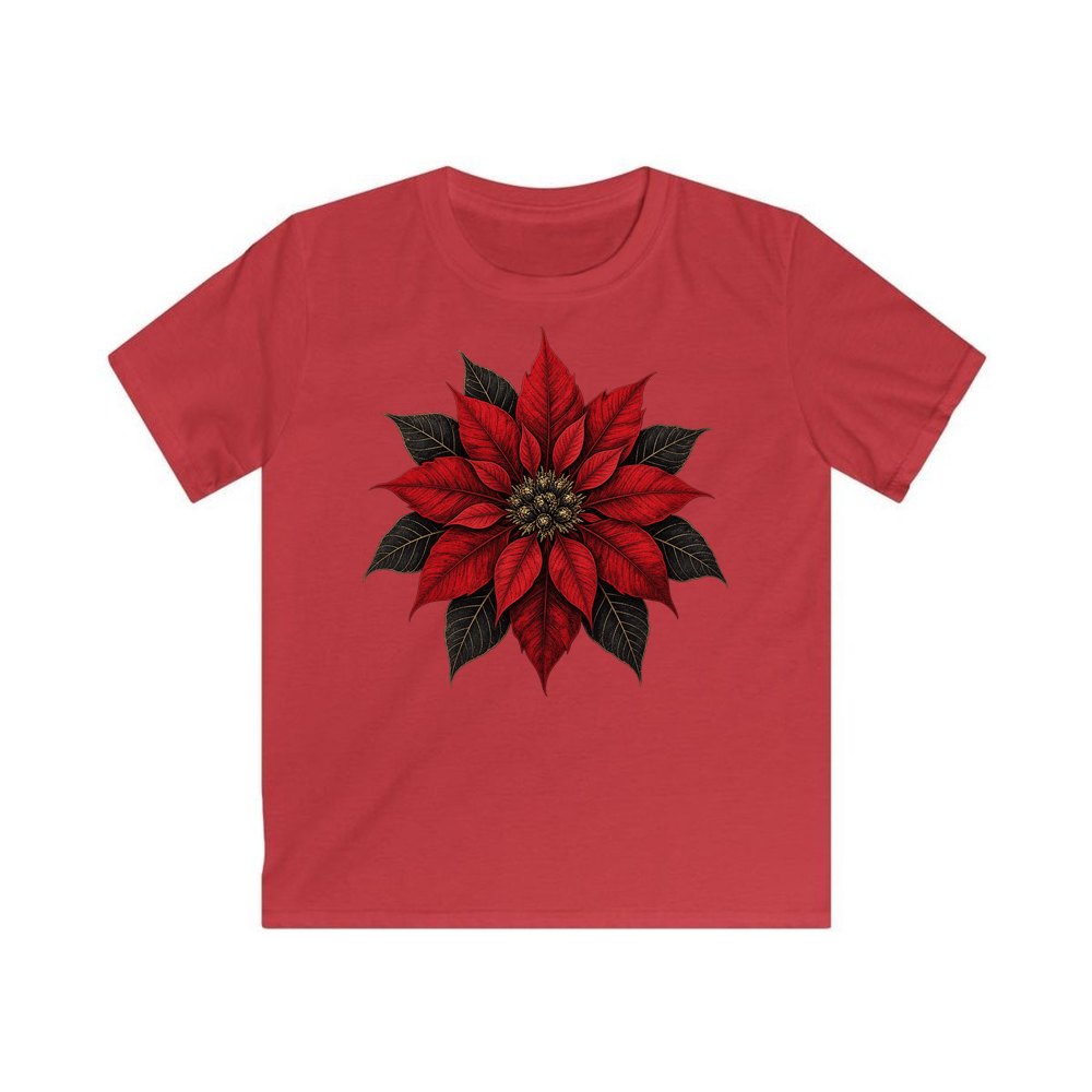 Deep Red Poinsettia personalised kids Christmas tee in red