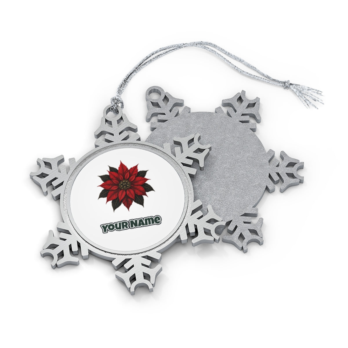 Deep Red Poinsettia Personalised Pewter Christmas Ornament