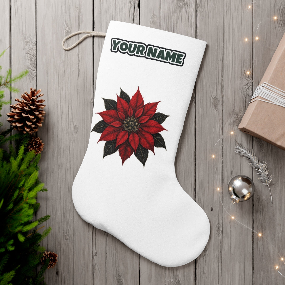 Deep Red Poinsettia personalised Christmas stocking, white, with the name across the top