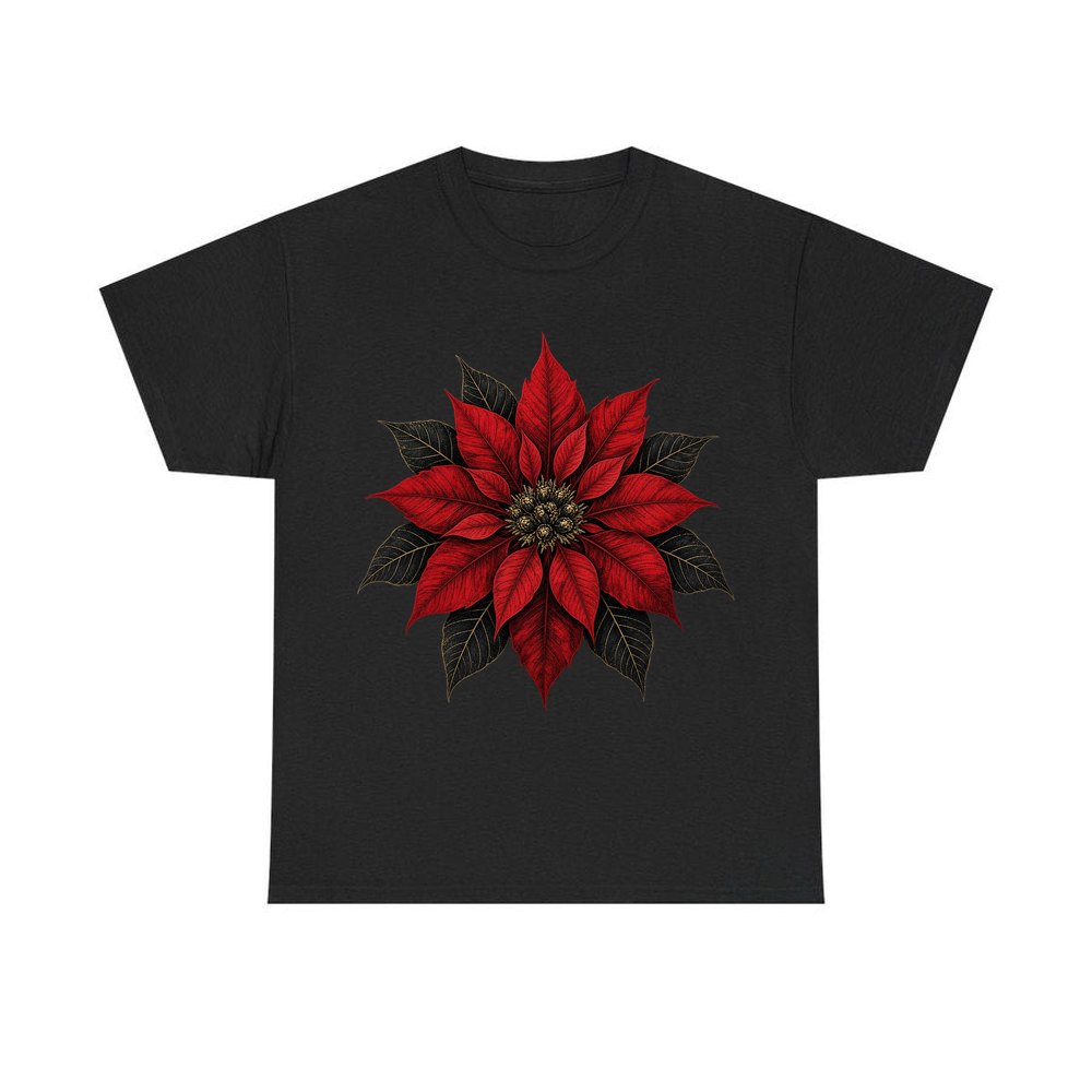 Deep Red Poinsettia personalised Christmas T-shirt in black
