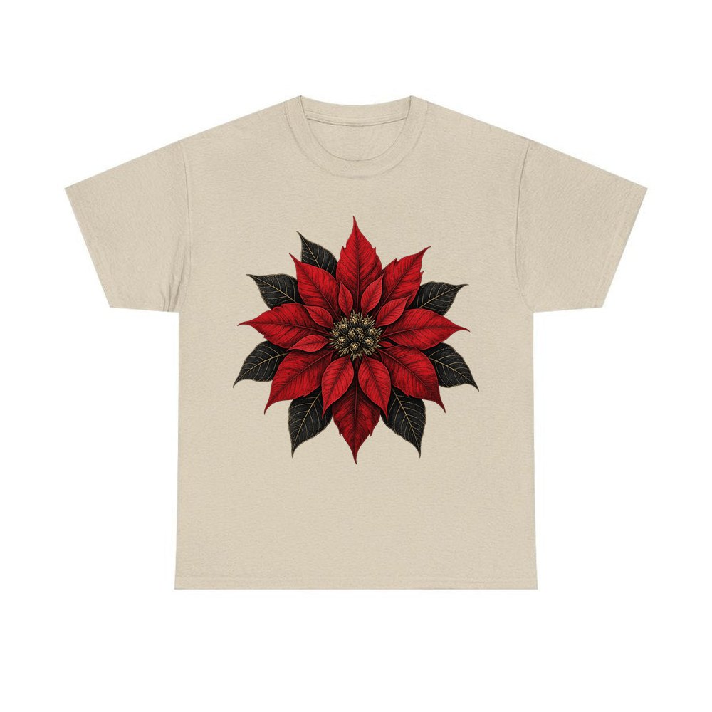 Deep Red Poinsettia personalised Christmas T-shirt in sand