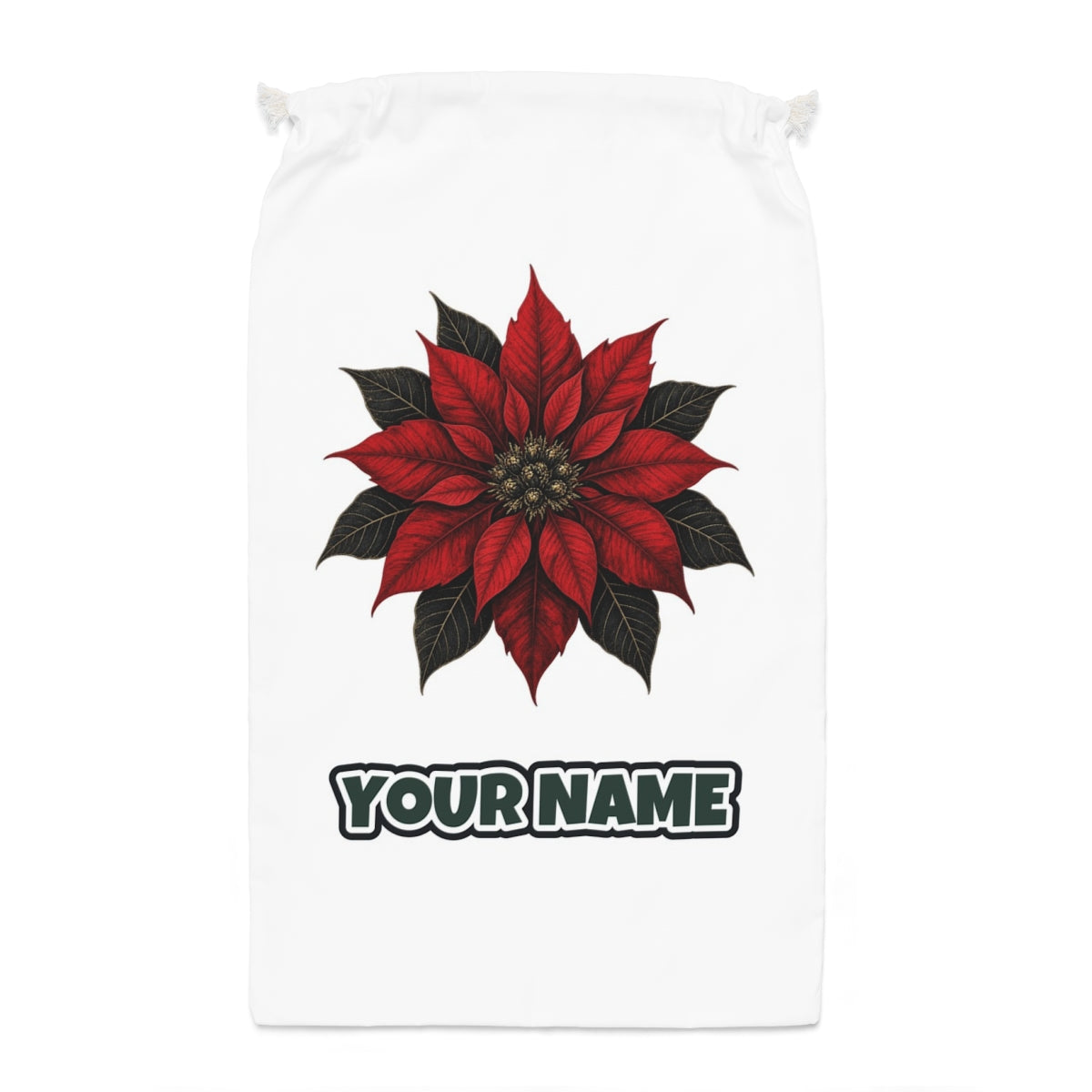 Deep Red Poinsettia Santa sack laid flat, showing the full print