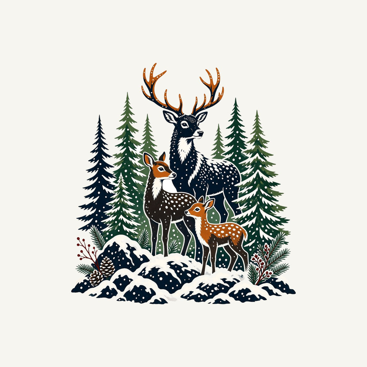 Deer Family In Snowy Forest Personalised Kids Tee and Baby Bodysuit