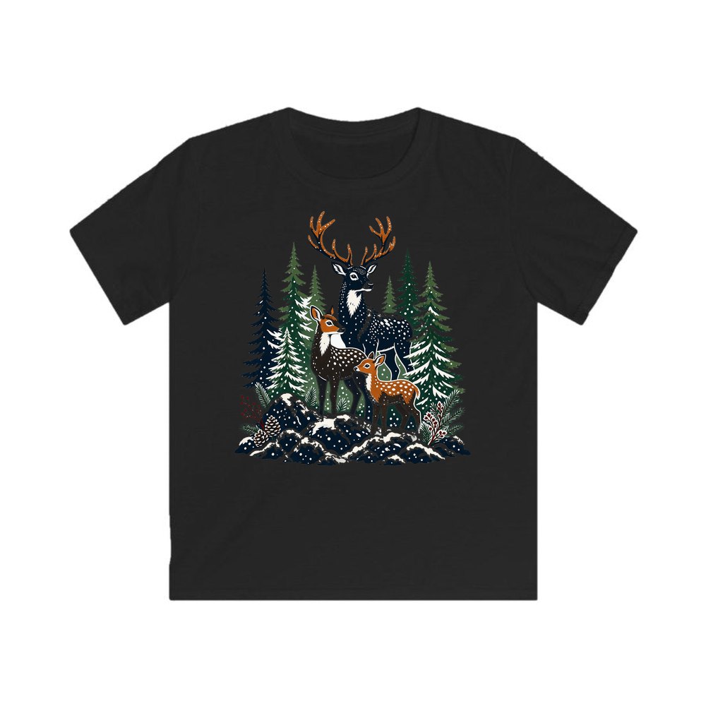 Deer Family In Snowy Forest personalised kids Christmas tee in black