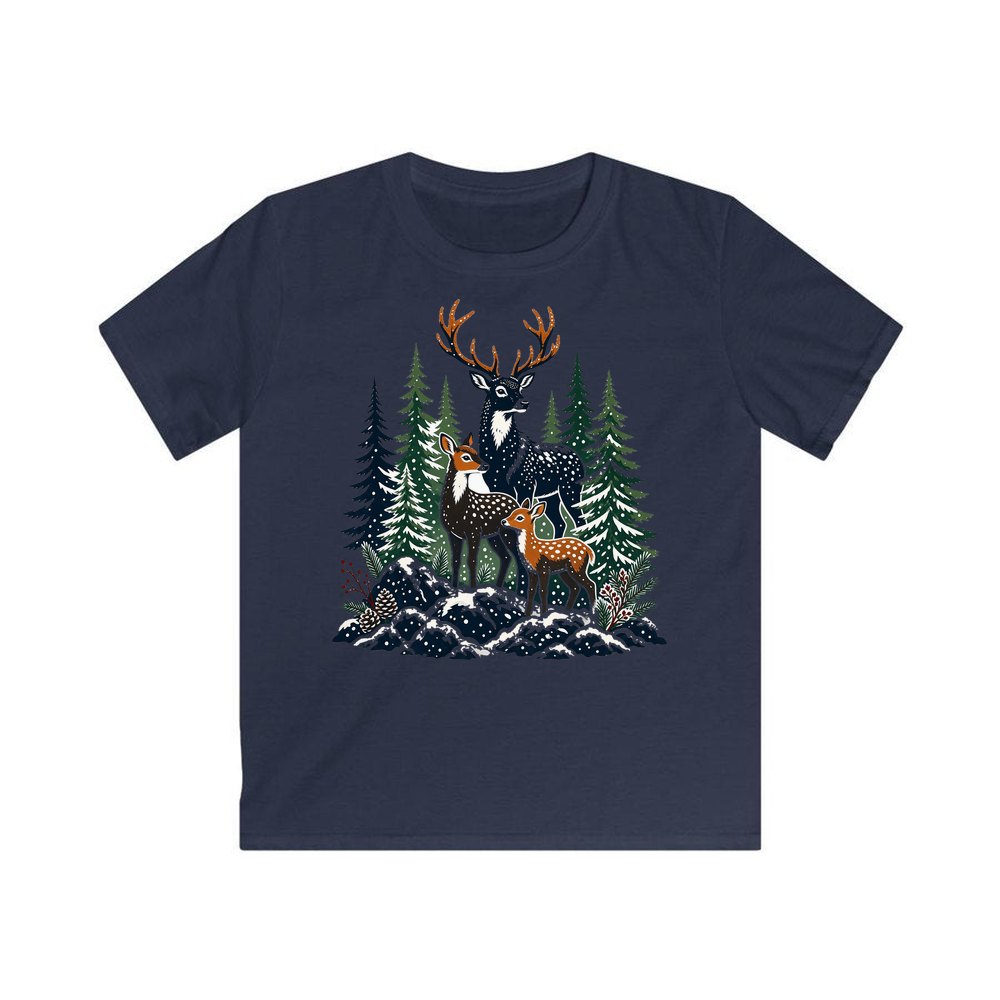 Deer Family In Snowy Forest personalised kids Christmas tee in navy