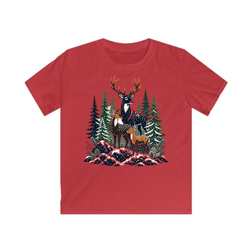 Deer Family In Snowy Forest personalised kids Christmas tee in red