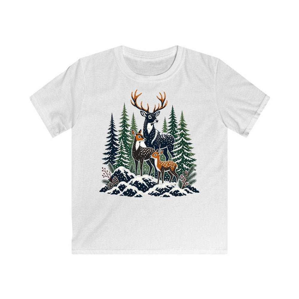 Deer Family In Snowy Forest personalised kids Christmas tee in white
