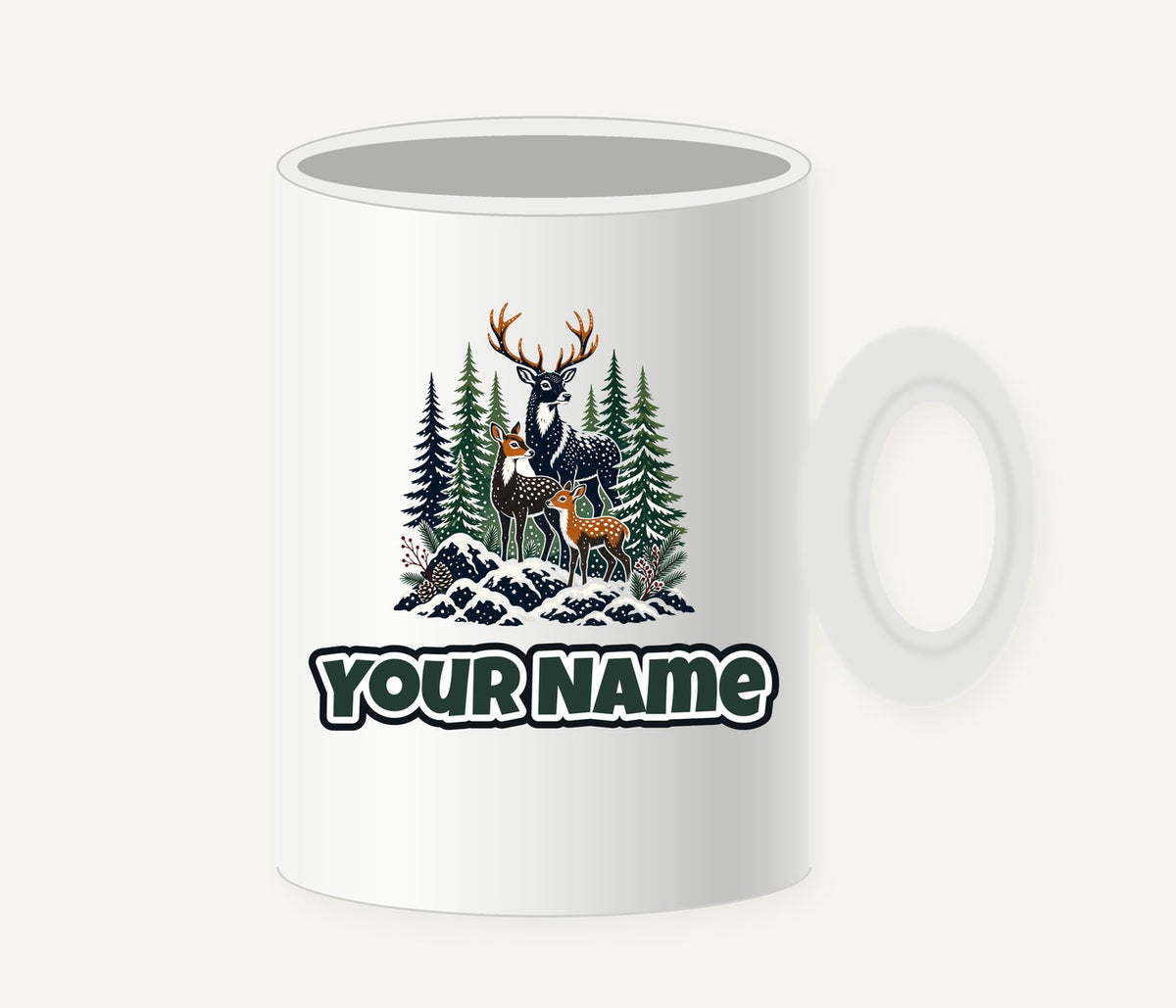Deer Family In Snowy Forest Personalised Christmas Mug