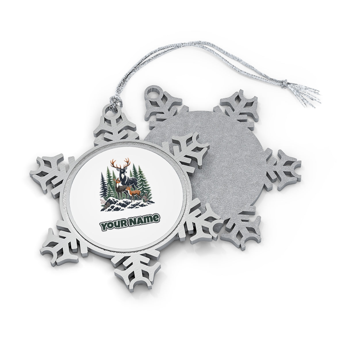 Deer Family In Snowy Forest Personalised Pewter Christmas Ornament