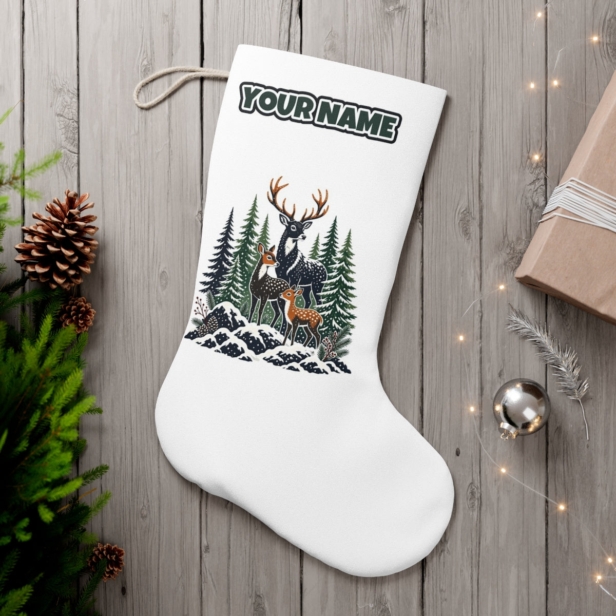 Deer Family In Snowy Forest personalised Christmas stocking, white, with the name across the top