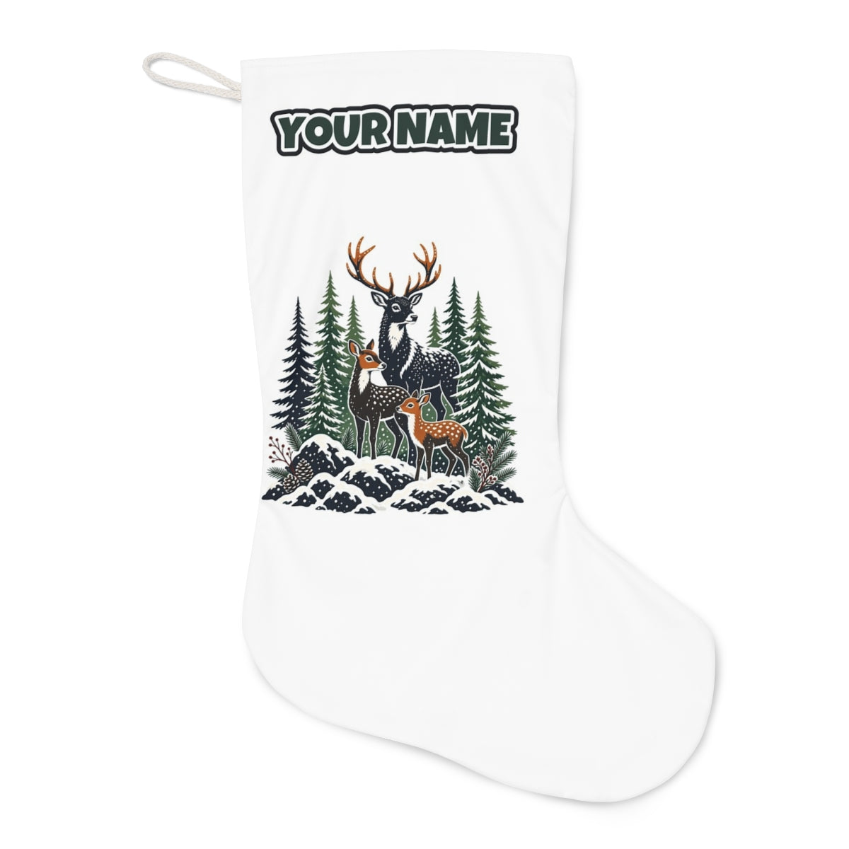 Deer Family In Snowy Forest Christmas stocking laid flat, showing the full print