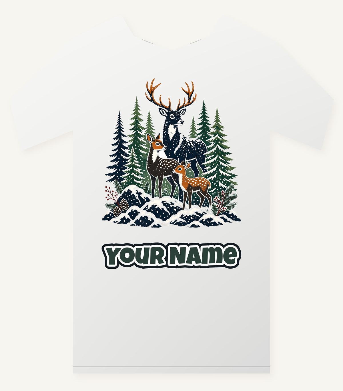 Deer Family In Snowy Forest Personalised Christmas T-Shirt and Hoodie