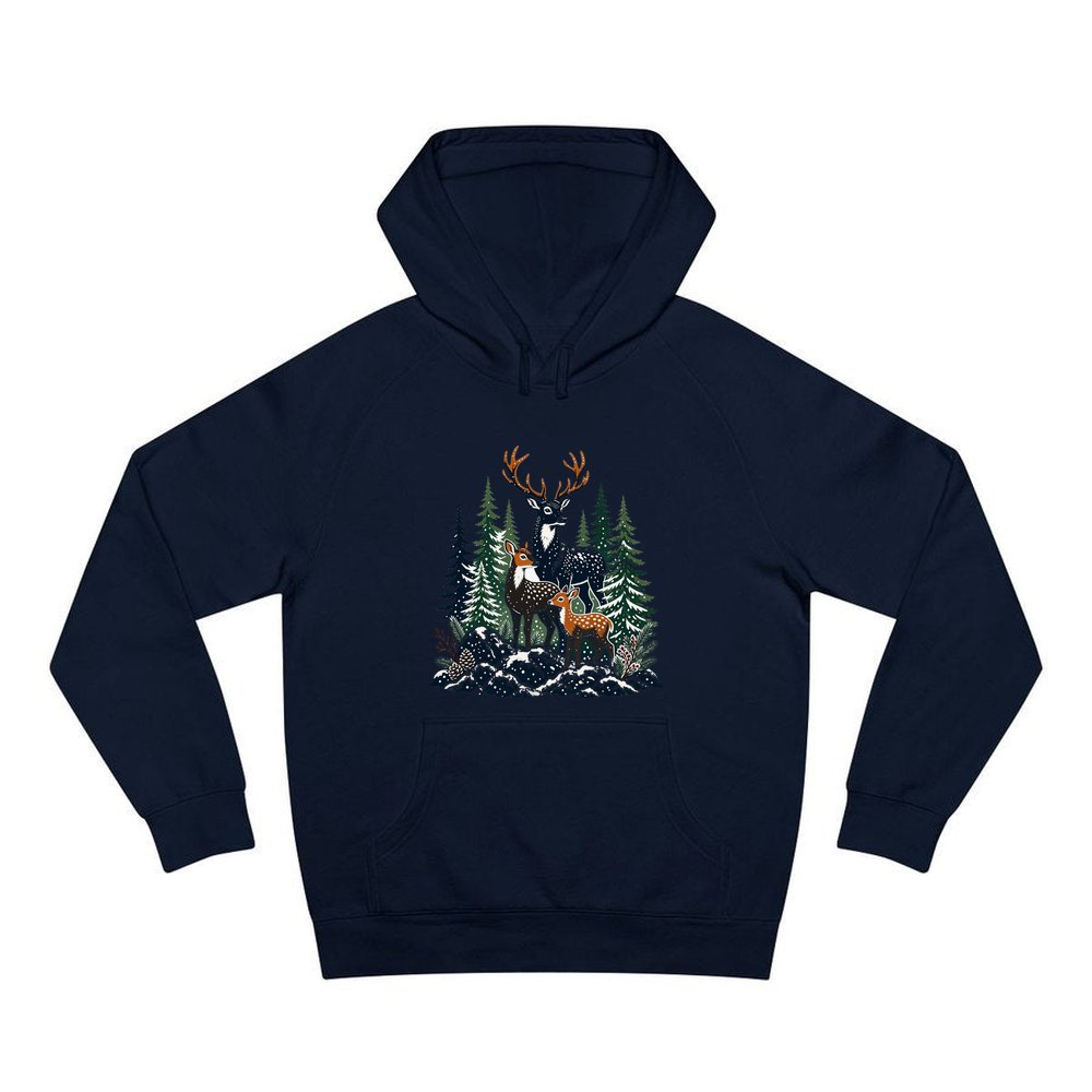 Deer Family In Snowy Forest personalised Christmas hoodie in navy