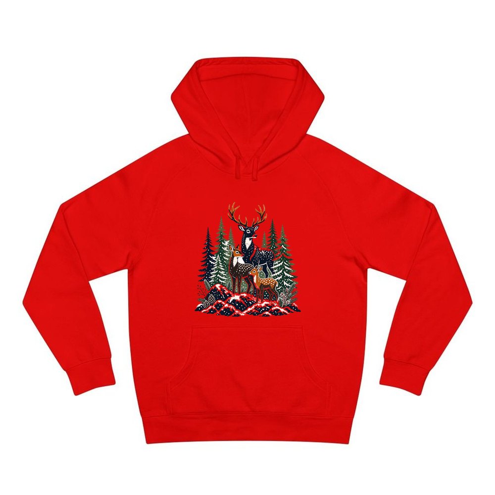 Deer Family In Snowy Forest personalised Christmas hoodie in red
