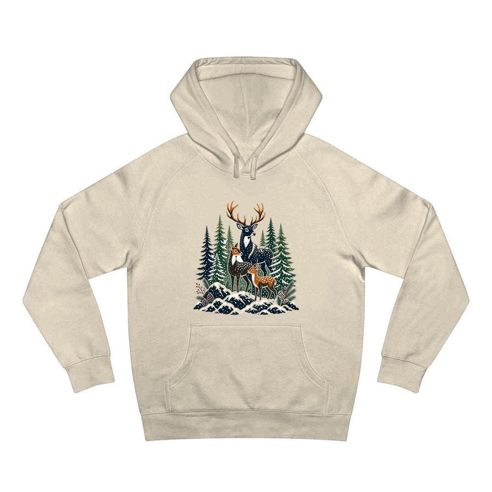 Deer Family In Snowy Forest personalised Christmas hoodie in sand