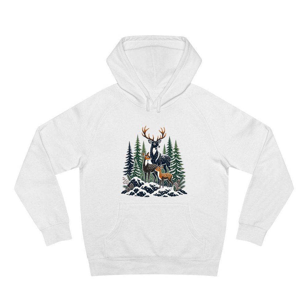 Deer Family In Snowy Forest personalised Christmas hoodie in white