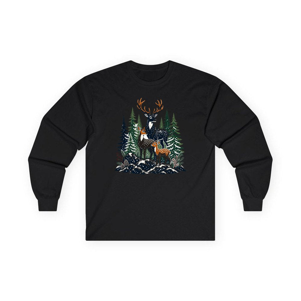 Deer Family In Snowy Forest personalised long sleeve Christmas T-shirt in black