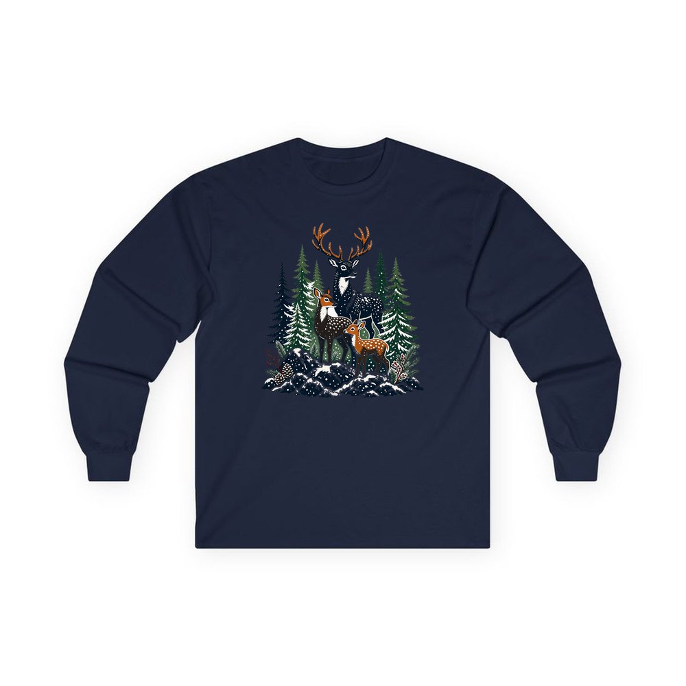Deer Family In Snowy Forest personalised long sleeve Christmas T-shirt in navy
