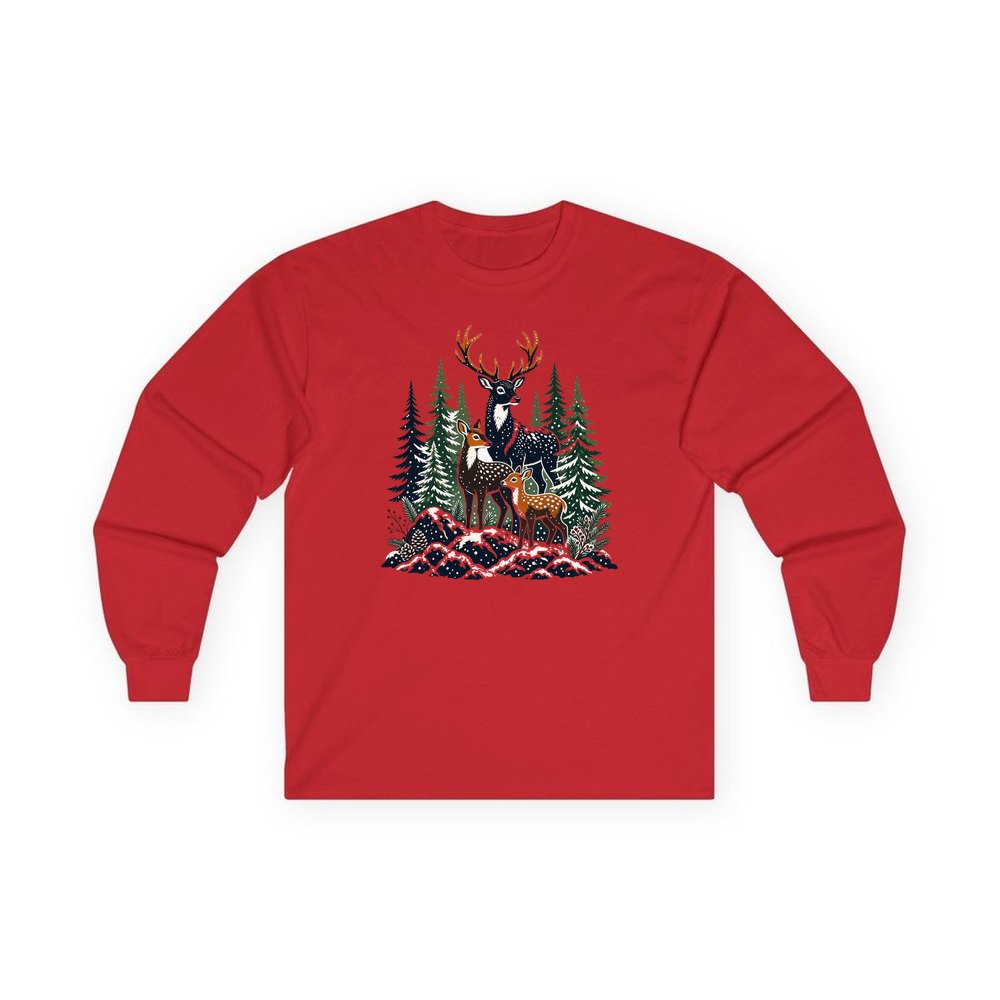 Deer Family In Snowy Forest personalised long sleeve Christmas T-shirt in red