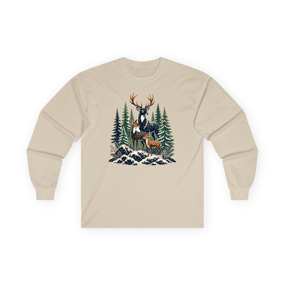 Deer Family In Snowy Forest personalised long sleeve Christmas T-shirt in sand