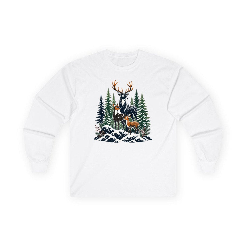Deer Family In Snowy Forest personalised long sleeve Christmas T-shirt in white