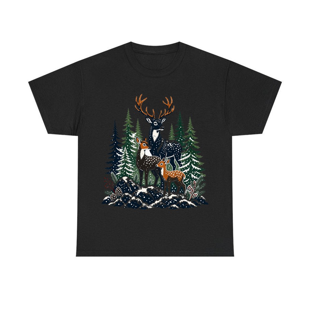 Deer Family In Snowy Forest personalised Christmas T-shirt in black