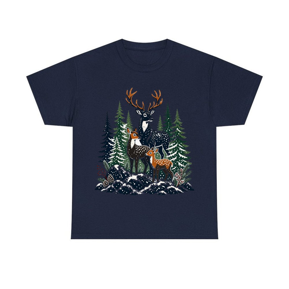 Deer Family In Snowy Forest personalised Christmas T-shirt in navy