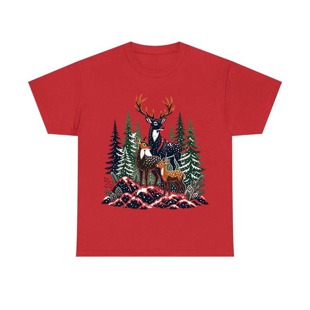 Deer Family In Snowy Forest personalised Christmas T-shirt in red