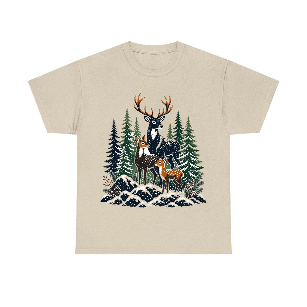 Deer Family In Snowy Forest personalised Christmas T-shirt in sand