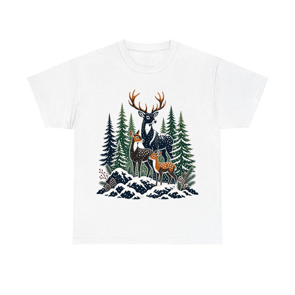 Deer Family In Snowy Forest personalised Christmas T-shirt in white