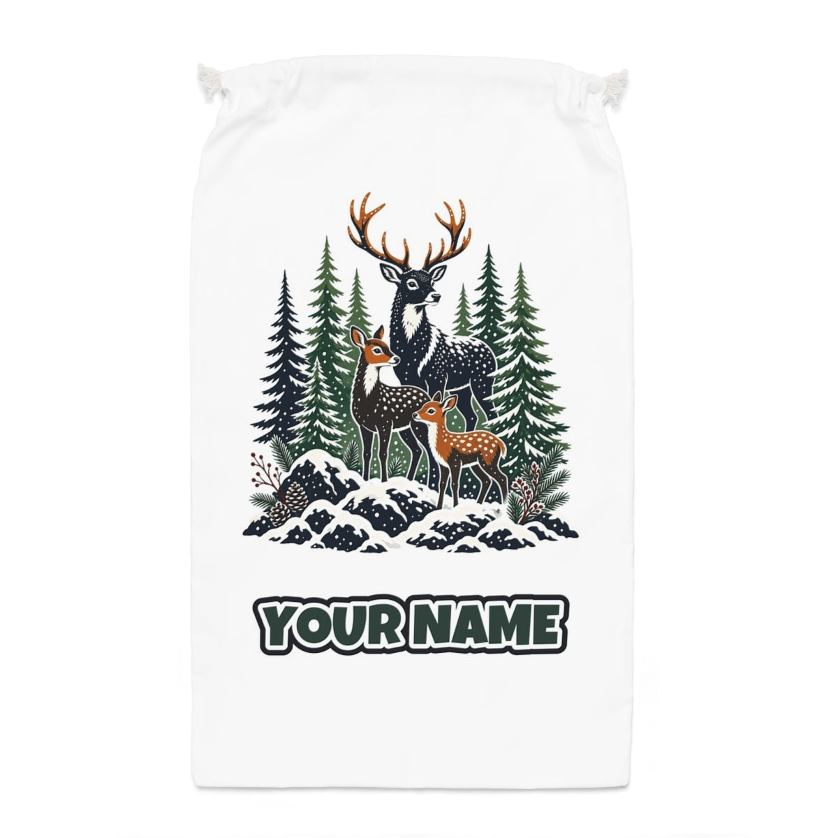 Deer Family In Snowy Forest Santa sack laid flat, showing the full print
