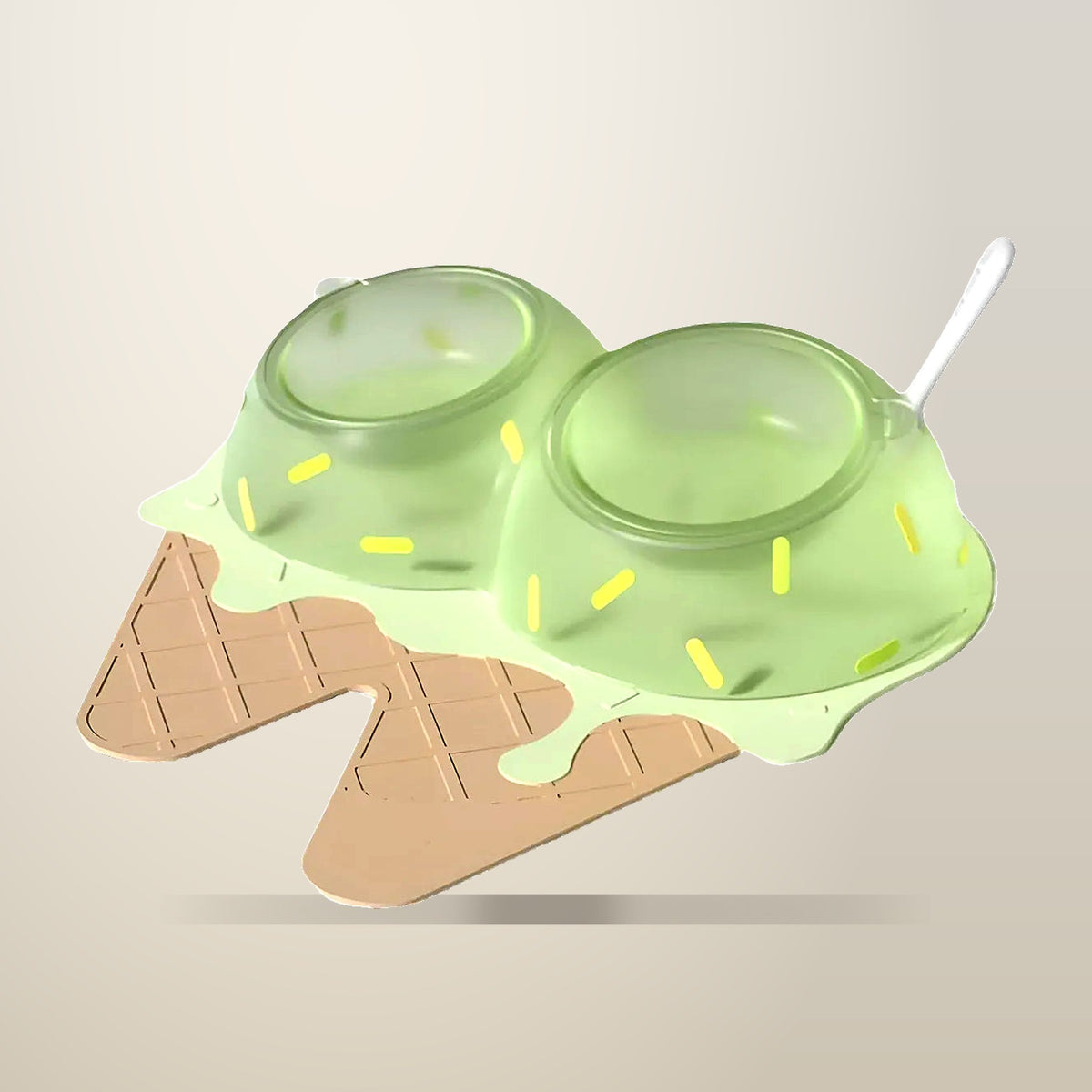 Ice Cream Shaped Pet Bowl Set, PVC Mat with ABS Bowls, Green, on a plain cream background