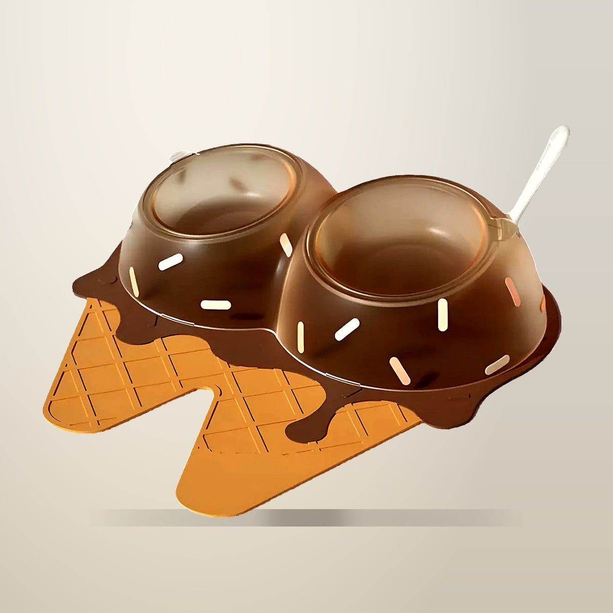 Ice Cream Shaped Pet Bowl Set, ABS Bowls with PVC Mat, Brown, on a plain cream background