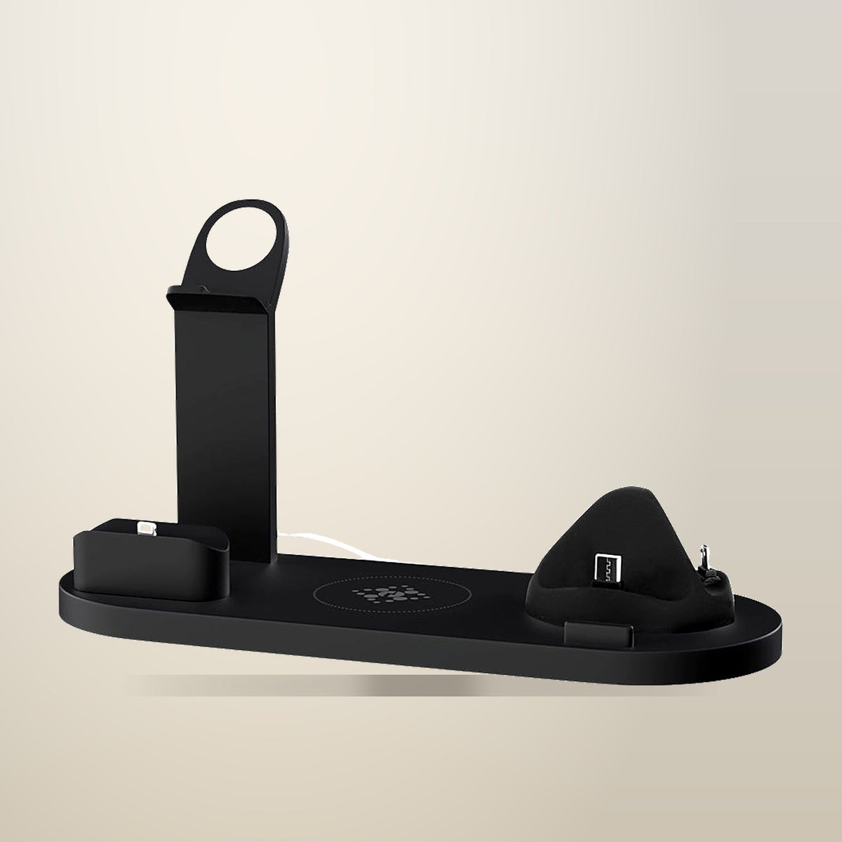 Devanti 4 in 1 Wireless Charging Station, Multi-function, Black, on a plain cream background