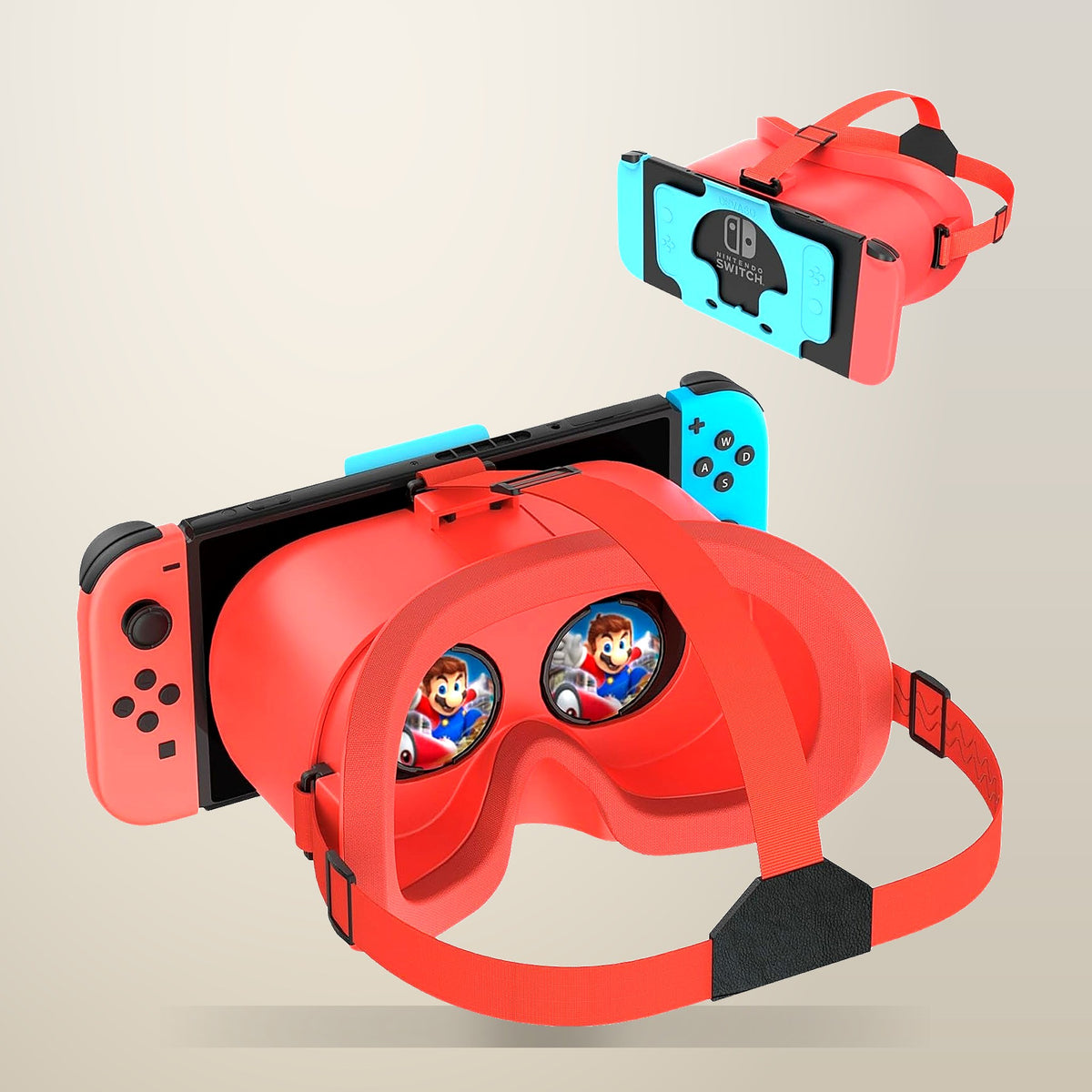 DEVASO VR Headset for Nintendo Switch, Orange and Blue, on a plain cream background