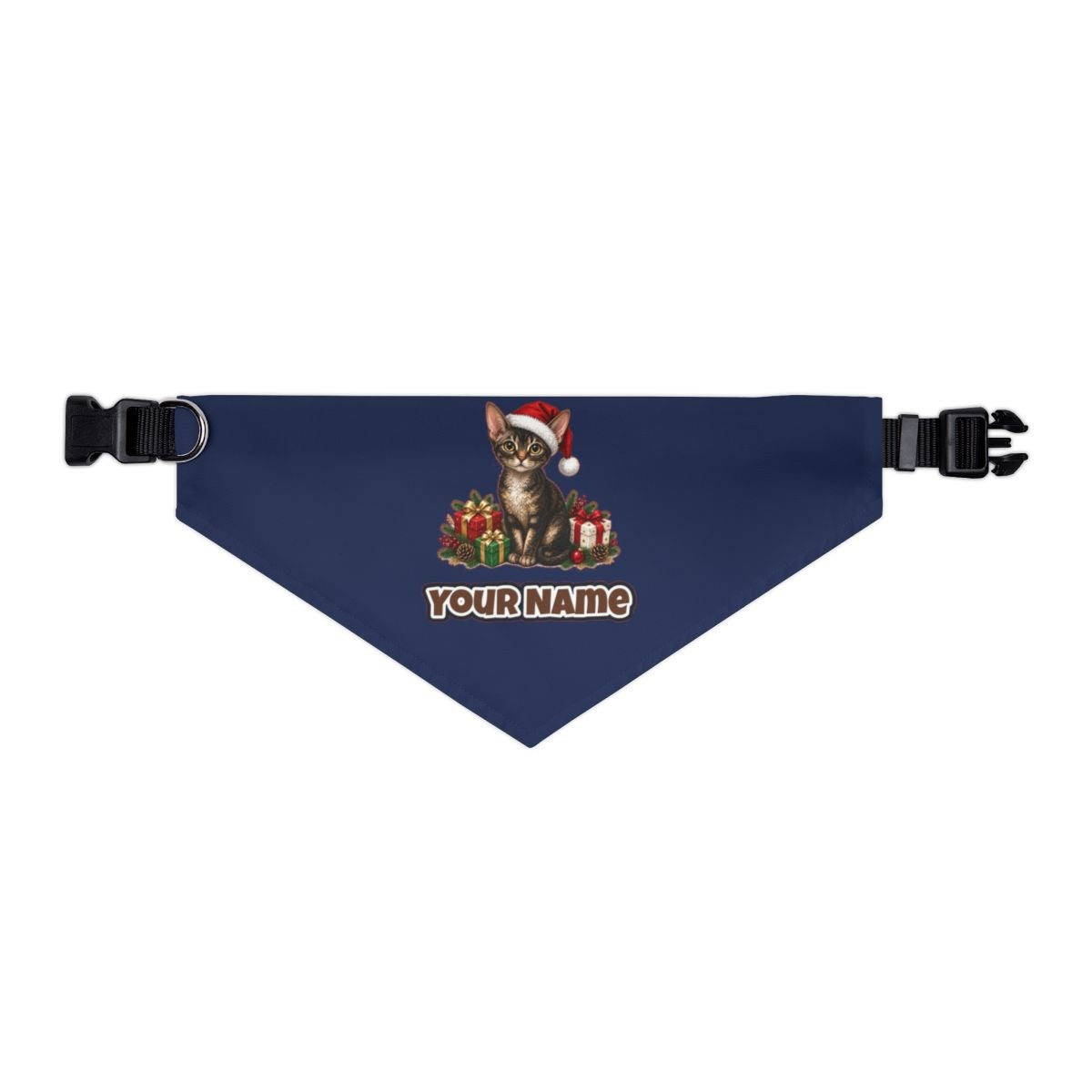 Devon Rex personalised Christmas pet bandana in navy, collar with buckle