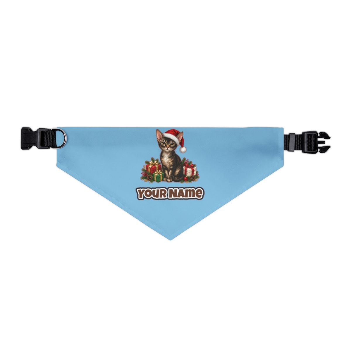 Devon Rex personalised Christmas pet bandana in sky blue, collar with buckle