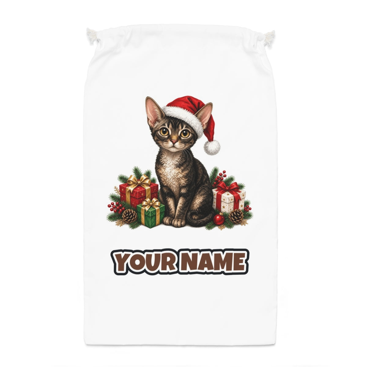 Devon Rex Santa sack laid flat, showing the full print