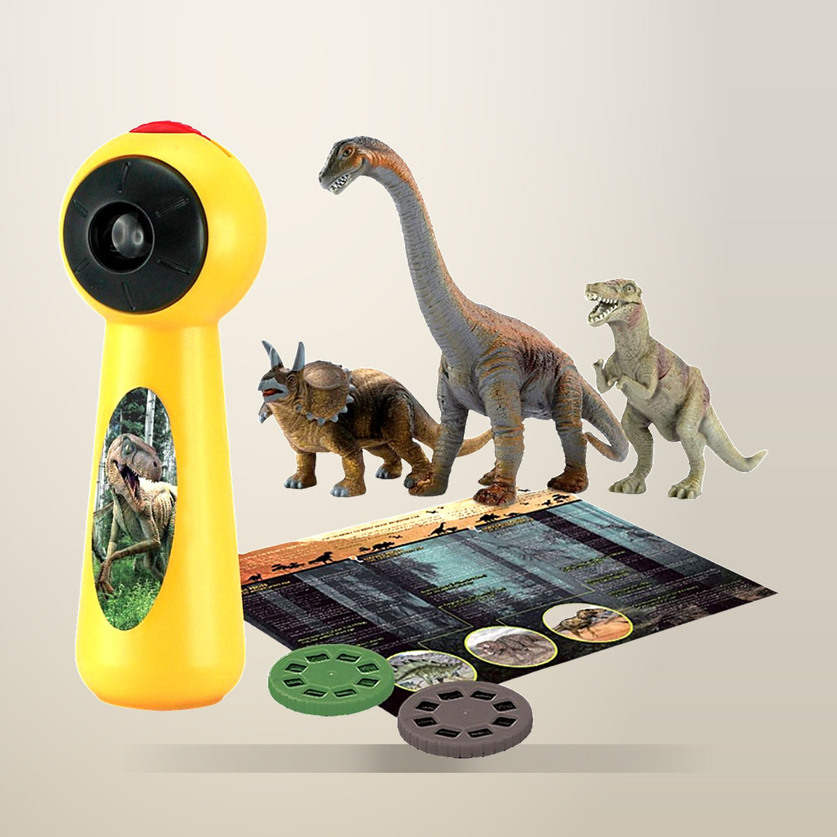 Dinosaur Projector and 3 Figures Play Set, on a plain cream background