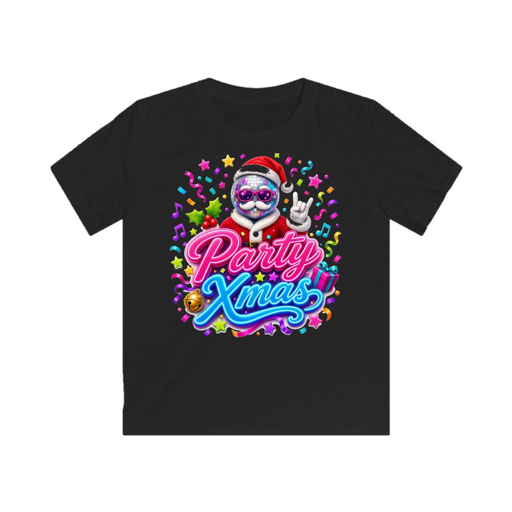 Disco Ball Party Santa personalised kids Christmas tee in black