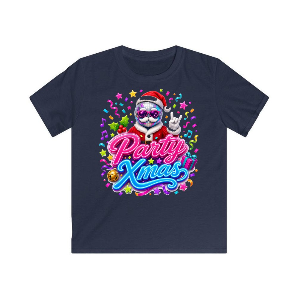 Disco Ball Party Santa personalised kids Christmas tee in navy