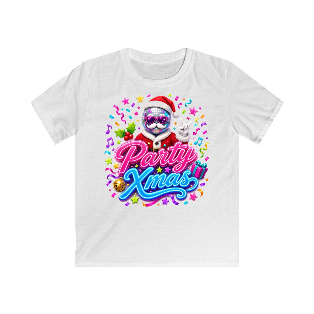 Disco Ball Party Santa personalised kids Christmas tee in white