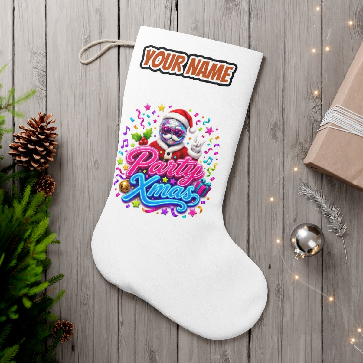 Disco Ball Party Santa personalised Christmas stocking, white, with the name across the top
