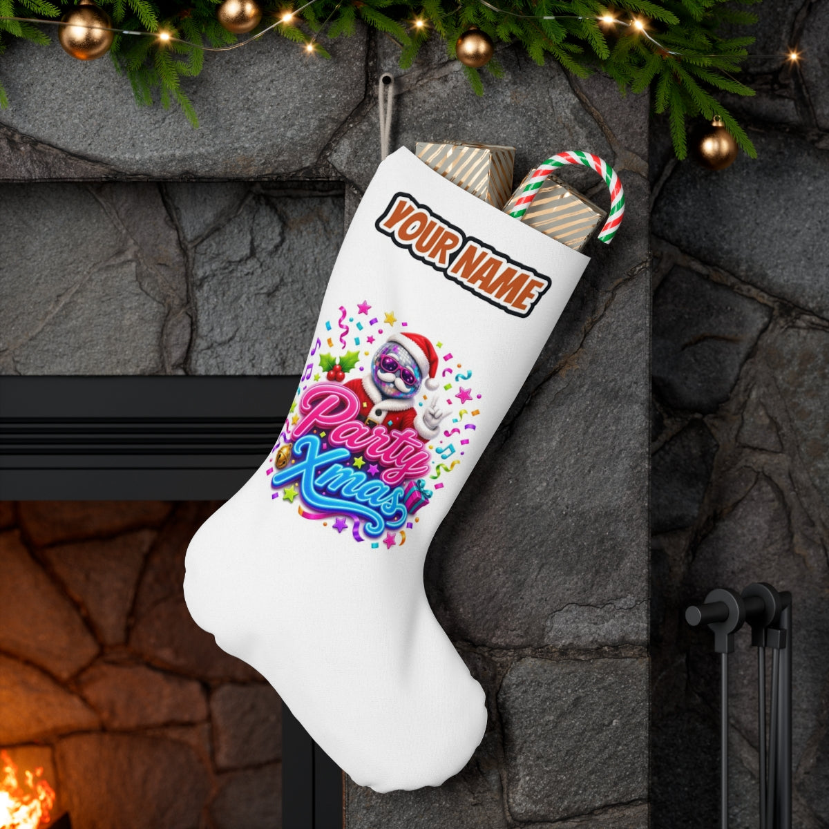 Disco Ball Party Santa personalised Christmas stocking hanging on a mantel