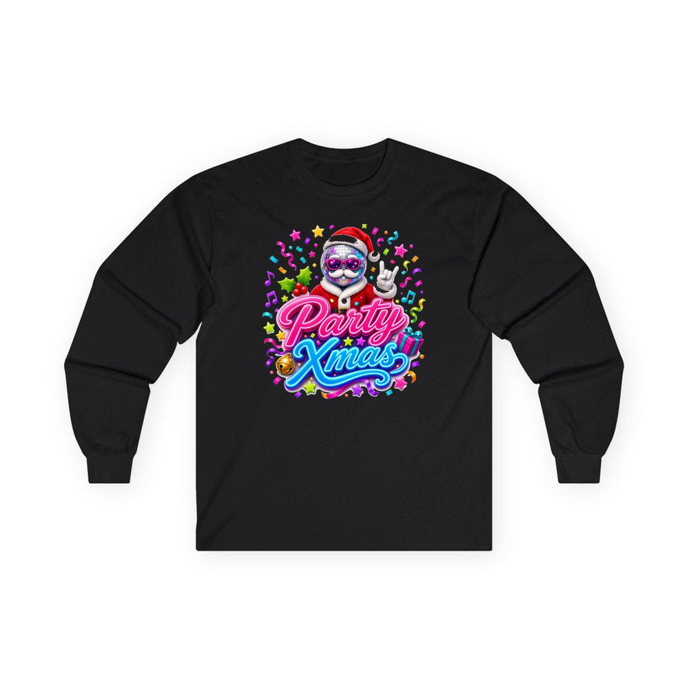 Disco Ball Party Santa personalised long sleeve Christmas T-shirt in black