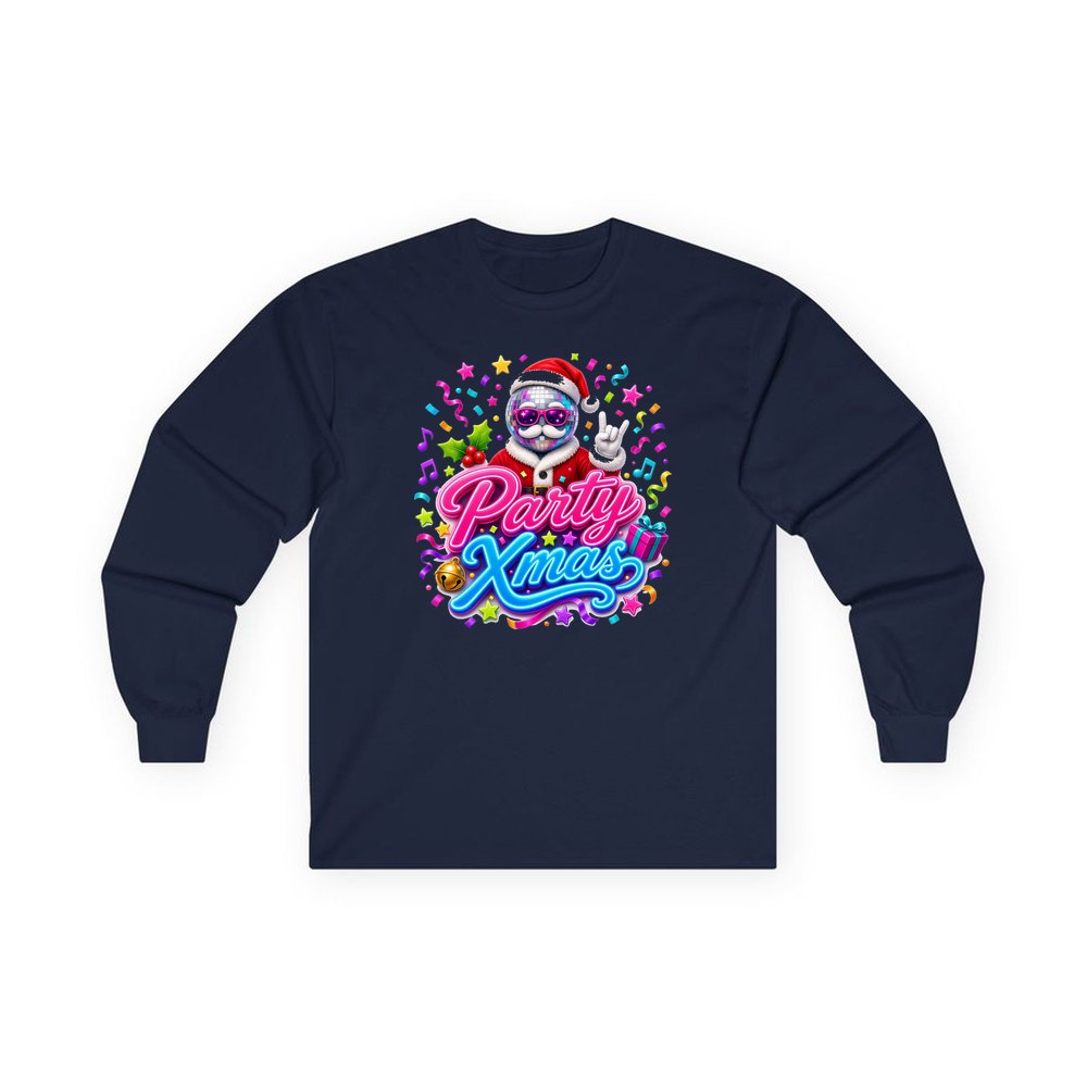 Disco Ball Party Santa personalised long sleeve Christmas T-shirt in navy