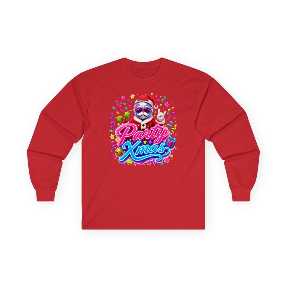 Disco Ball Party Santa personalised long sleeve Christmas T-shirt in red