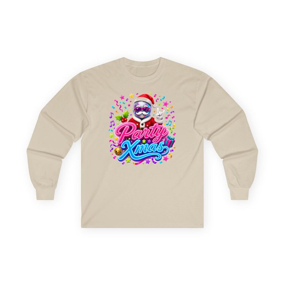 Disco Ball Party Santa personalised long sleeve Christmas T-shirt in sand